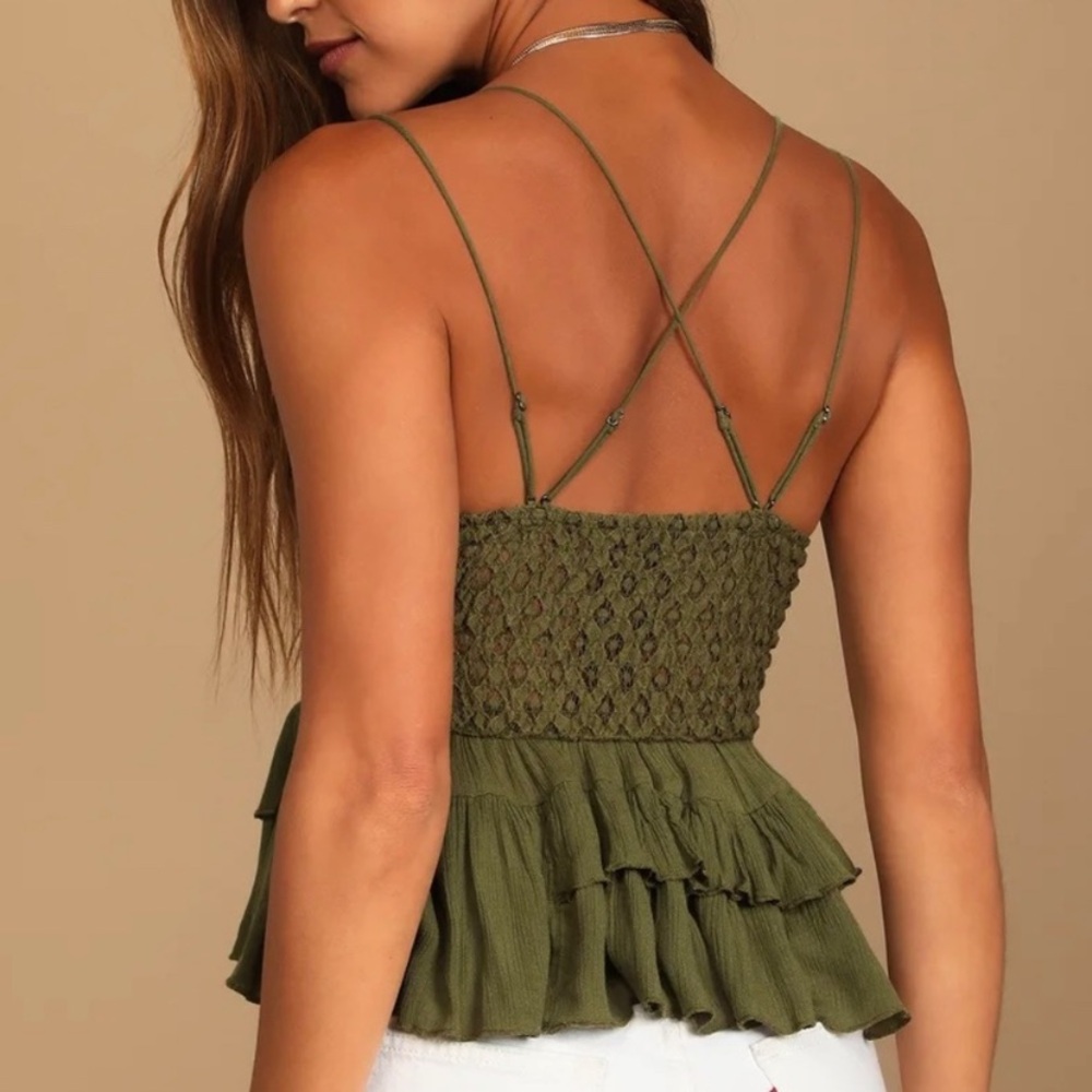 NWT WE THE FREE FREE PEOPLE Olive Green Smocked Ruffle Top - Picture 5 of 5